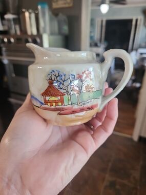 Hand-Painted Ceramic Creamer Jug in Cream with Multicolor Scenic Motif Japan